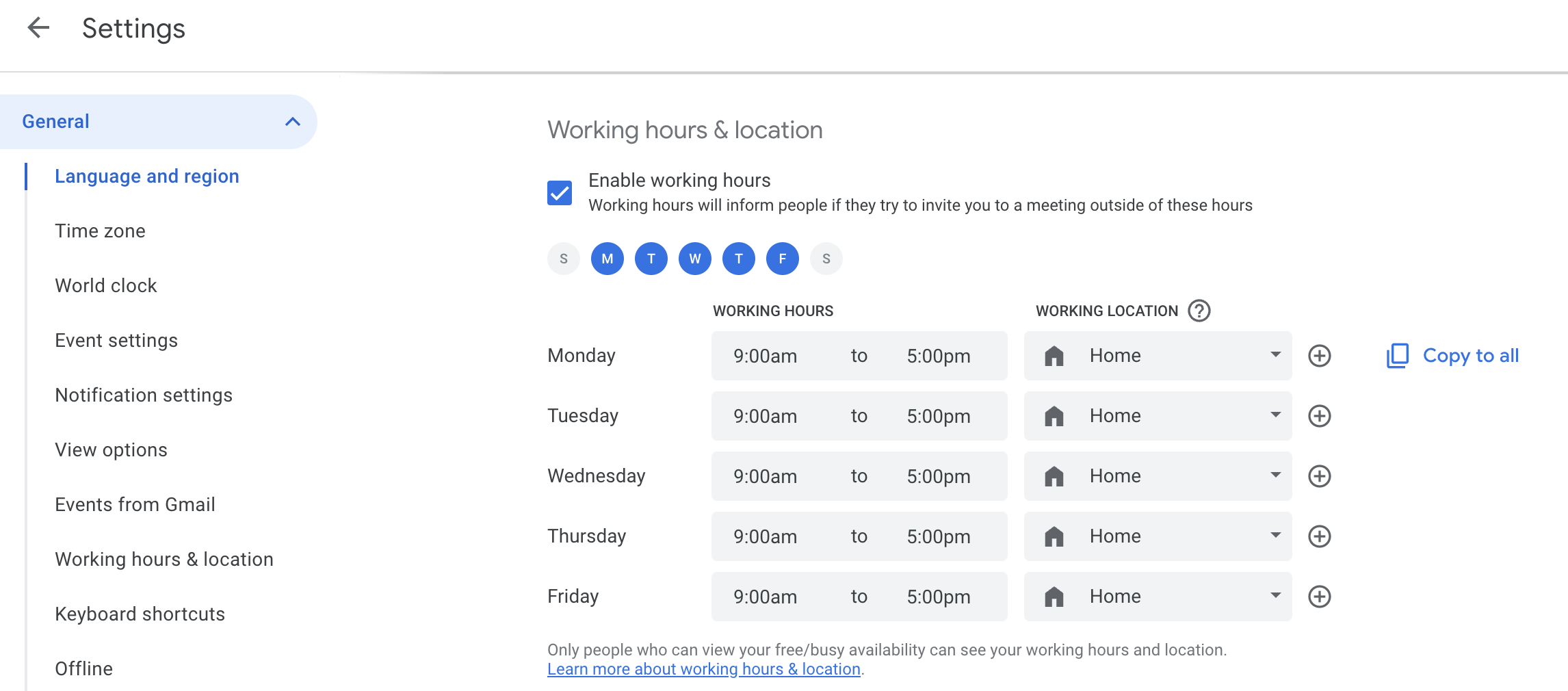 Screenshot of Google Calendar settings page showing Working hours and